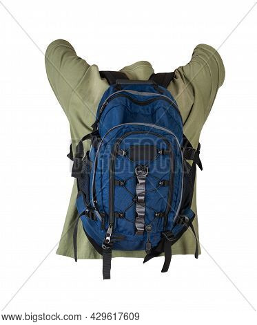 Dark Blue Backpack Dressed For Olive T-shirt Isolated On A White Background.