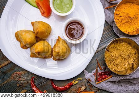Indian Samosa With Vegetables And Sauce On White Plate Indian Food