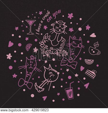 Illustration Of Cats In Love For A Romantic Day. Pictures Of Cats In Format For The Design Of A Roma
