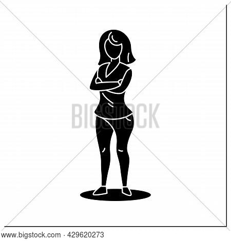 Person Pose Glyph Icon. Woman Holds Crossed Arms On Chest. Unsatisfied. Looking Directly.people Pose