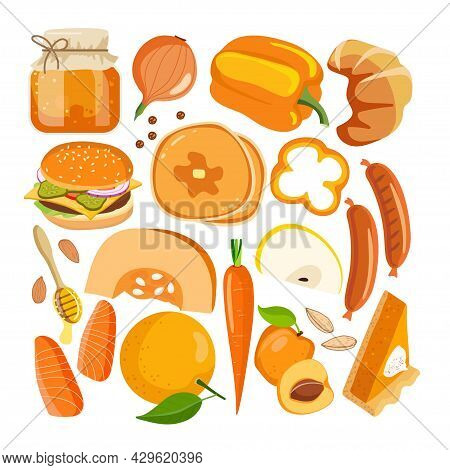Orange Color Vector Food. Vegetables, Fruits And Other Food On White. Chromotherapy, Color Benefits 