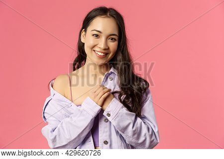 Close-up Portrait Of Tender, Romantic Asian Girl Keep Loving Dearest Memories In Her Heart, Press Ha
