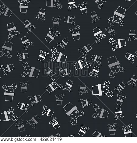 Grey Cactus And Succulent In Pot Icon Isolated Seamless Pattern On Black Background. Plant Growing I