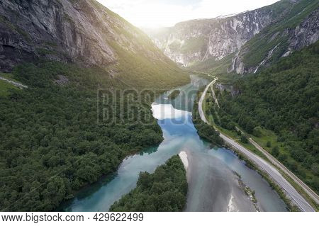 Scenic Route E136 In The Vestland County Of Norway Near Village Of Marstein. Turquoise River, Road A