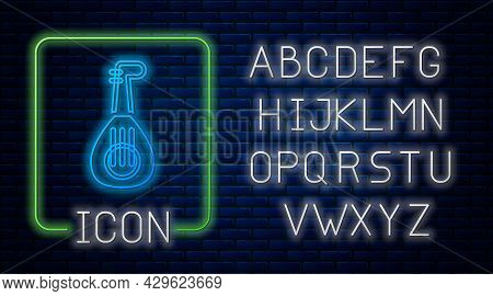 Glowing Neon Musical Instrument Lute Icon Isolated On Brick Wall Background. Arabic, Oriental, Greek