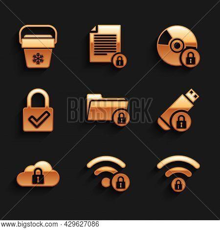 Set Folder And Lock, Wifi Locked, , Usb Flash Drive With, Cloud Computing And Lock Check Mark Icon. 