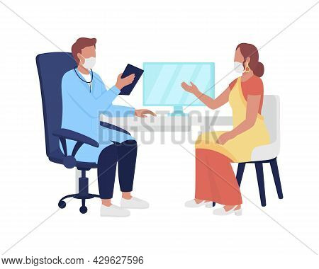 Woman Tells Doctor About Health Issues Semi Flat Color Vector Characters. Full Body People On White.