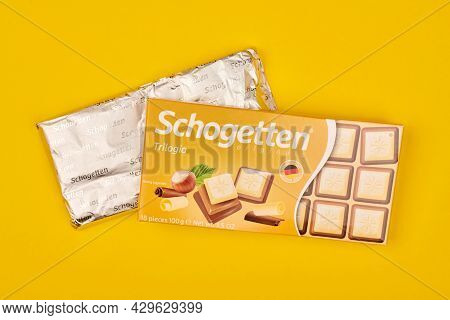 Kaliningrad, Russia - 03.27.2021 - Schogetten Chocolate Trilogia In Foil. Delicious Germany Snack. C