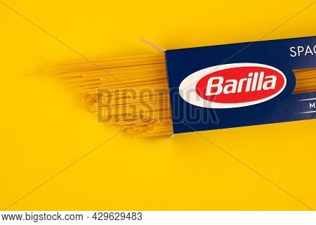 Kaliningrad, Russia - 03.27.2021 - Barilla Spaghetti Packet, Yellow Background. Spaghetti N.5 Master