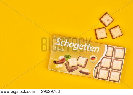 Kaliningrad, Russia - 03.27.2021 - Schogetten Chocolate Trilogia. Delicious Germany Snack. Opened Pa