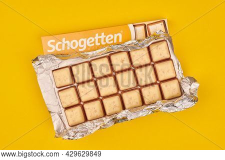 Kaliningrad, Russia - 03.27.2021 - Schogetten Chocolate Trilogia. Delicious Germany Snack. Opened Pa