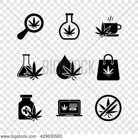 Set Magnifying Glass And Marijuana, Test Tube With, Cup Tea, Medical Bottle, Online Buying, Stop, An