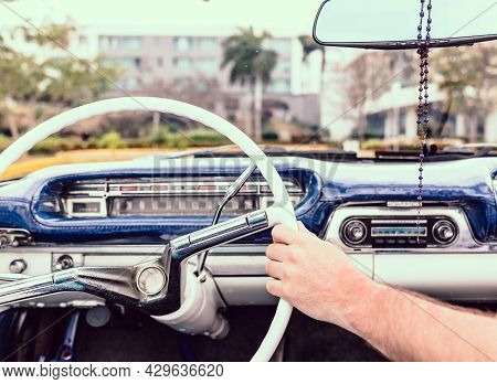 Convertible, Dashboard Of A Retro Car. Hand On The Wheel
