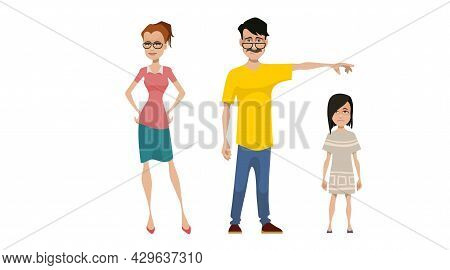 Standing Cartoon Family Mom Daughter And Dad Points Hand To The Side
