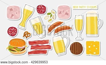 Beer Party Stickers For Restaurant, Cafe, Pub. Beer Mugs And Snacks, Sausages, Bacon, Nuts, Burger F