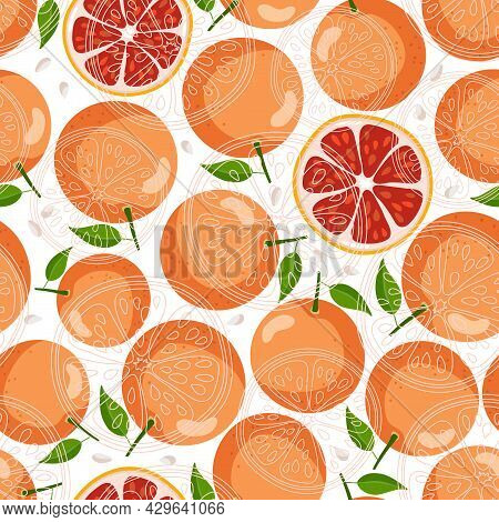 Red Grapefruit Seamless Pattern. Flat And Linear Vector Whole Fruit With Leaves And Slices, Seeds On