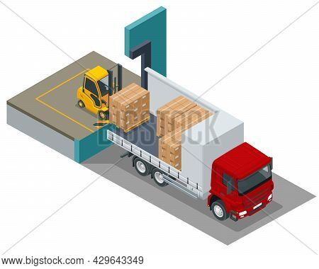 Isometric Logistics And Delivery Concept. Delivery Home And Office. Logistics, Warehouse, Freight, C