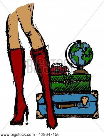 Colored Grunge Drawing With Black Contour Of Female Legs On The Background Of A Pile Of Suitcases An
