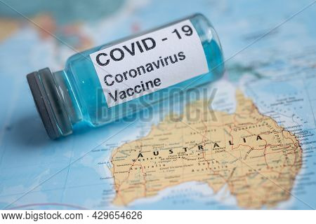 Bangkok, Thailand - July 1, 2021, Coronavirus Covid-19 Vaccine On Australia Map, Development Medical