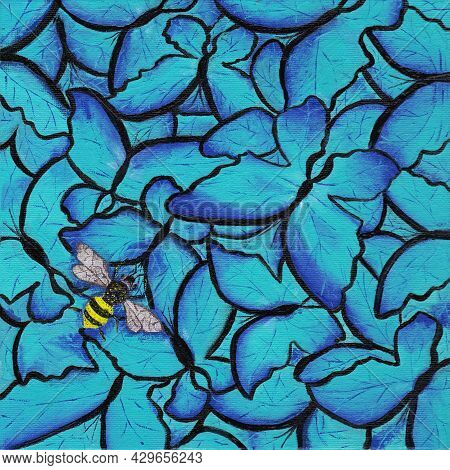 Oil Painting Of Bright Blue Butterflies With Wings, A Background Over The Entire Area Of The Leaf An