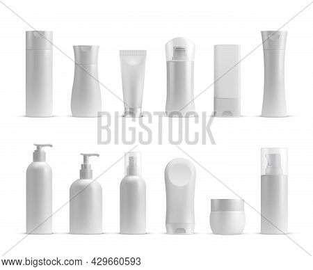 Realistic Cosmetic Bottles, Cream Jar And Tube Mockups. Shampoo, Lotion, Skin Care, Beauty And Hygie