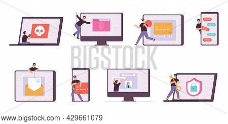 Flat Cyber Thief And Hacker Characters Stealing Personal Data. Criminal Spy Phone, Steal Password An