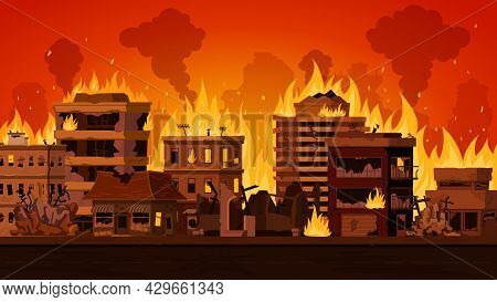 Cartoon Apocalyptic City Landscape With Destroyed Building On Fire. Cityscape With Burn Street House