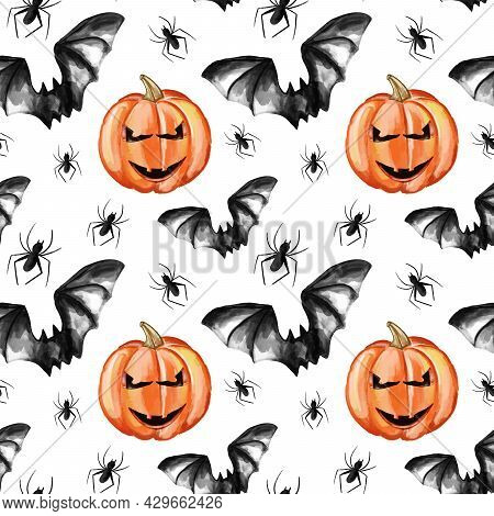 Vector Halloween Seamless Pattern. Black Icons Of Eyes, Feathers, Mushrooms, Pumpkins. Design Elemen