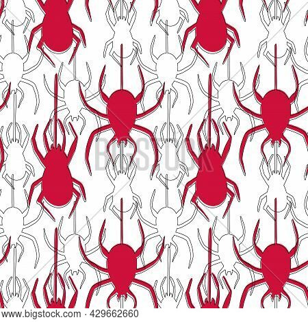 Vector Halloween Seamless Pattern. Black Icons Of Skull, Spider, Web, Pumpkins. Design Elements For