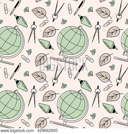 Seamless Pattern Of Various School Supplies. First Day Of School, Back To School Flat Icons. Vector