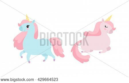 Cute Unicorn Character With Pointed Spiraling Horn And Mane Sleeping And Walking Vector Set