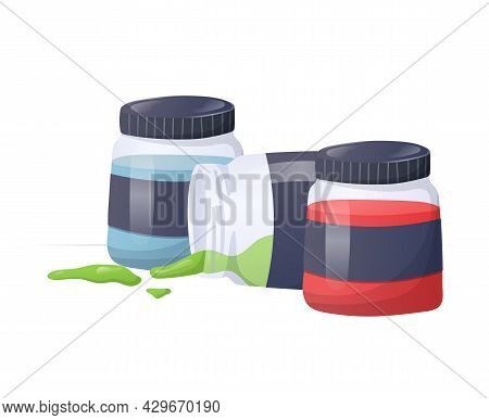 Vector Illustration Of A Set Of Glass Jars With Multi-colored Paints For Painting. One Of The Open C