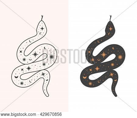 Boho Snake Icon. Mystic Tattoo Illustration In 2 Versions.