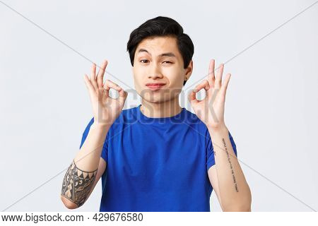Lifestyle, People Emotions And Beauty Concept. Satisfied And Totally Pleased Asian Man Showing Okay 