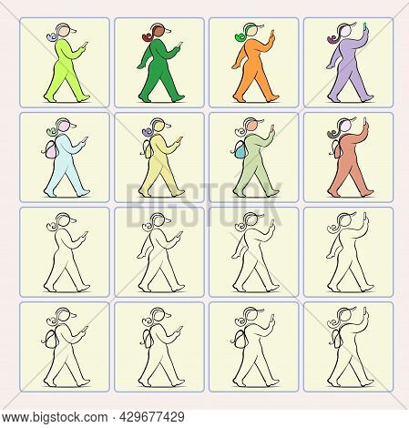 Vector Illustration Of A Character Of A Plump Woman With A Phone And A Backpack