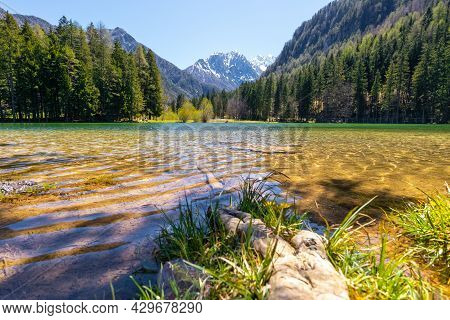 Alpine Lake In The Mountains In Summer. Plansar Lake, Jezersko Slovenia.