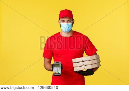 Food Delivery, Tracking Orders, Covid-19 And Self-quarantine Concept. Courier In Red Uniform Cap And
