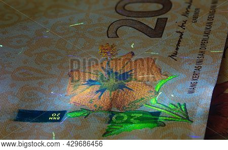 Macro Photography Of 20 Malaysian Ringgit With Fluor Light. Extreme Close-up Of Rm20 Malaysia. Sharp