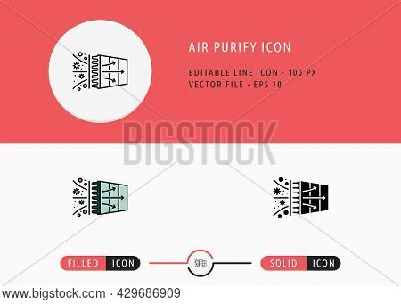 Air Purify Icons Set Editable Stroke Vector Illustration. Clean Air Filtering Symbol. Icon Line Styl