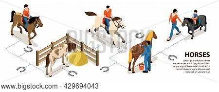 Horses Infographics Layout With Adult And Children Characters Sitting On Horseback And Staff Caring 