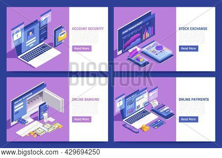 Online Banking Financial Technologies Accounts Security Concept 4 Isometric Webpages Innovative Stoc