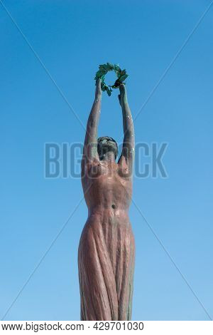Zakinthos, Greece  - June 13, 2019:  Female Sculpture In Solomos Square In Zakynthos, Greece