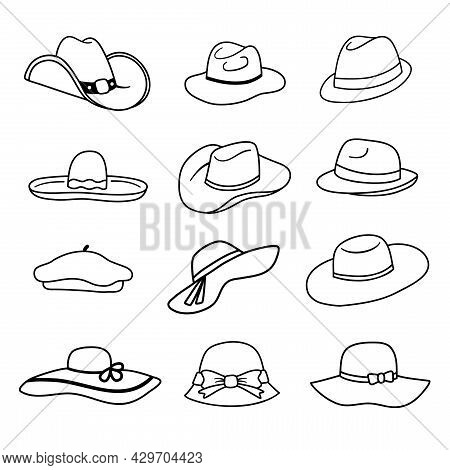 Set Of Women And Man Hats In Line Art Style. Female Sun Protected Hat With Bow-knot. Vector Icon Iso