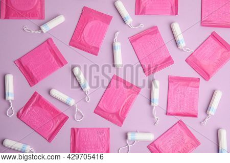 Tampons And Pantyliners On Lilac Background, Flat Lay