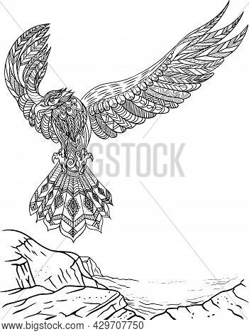 Falcon Facing Forward With Wings Wide Open Flying Off A Cliff Colorless Line Drawing. Beautiful Eagl