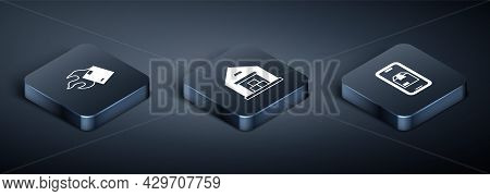 Set Isometric Carton Cardboard Box, Mobile App Delivery Tracking And Warehouse Icon. Vector