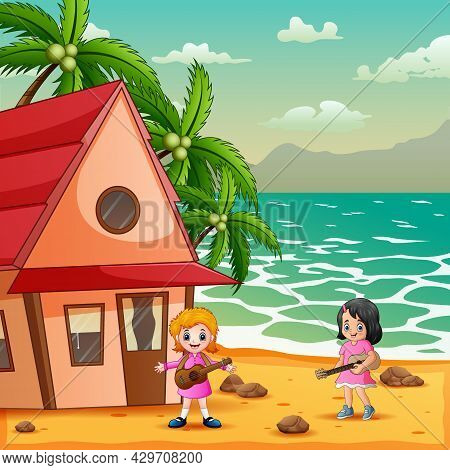 Cute Little Girls Playing Guitar On The Beachside