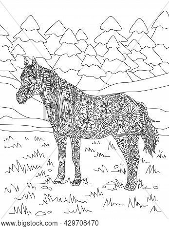 Horse Standing On Grassfields With Tall Tree Forest Background Colorless Line Drawing. Beautiful Sta