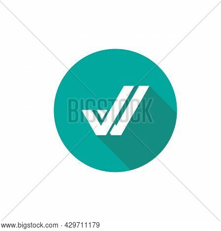 Valid Seal Icon. White Double Tick With Shadow In Blue Circle. Flat Done Sticker Icon. Isolated On W