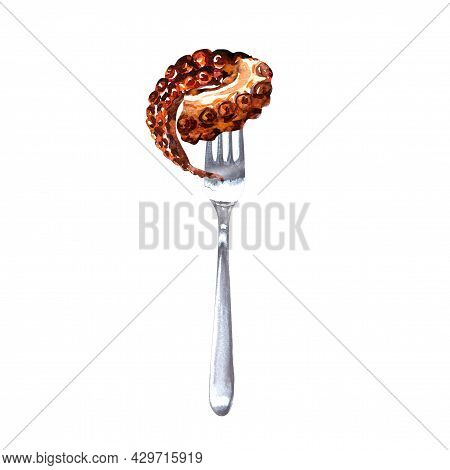 Tentacles Of Octopus Or Squid Tentacle On Fork, Delicious Fresh Cooked Seafood, Close-up, Isolated, 